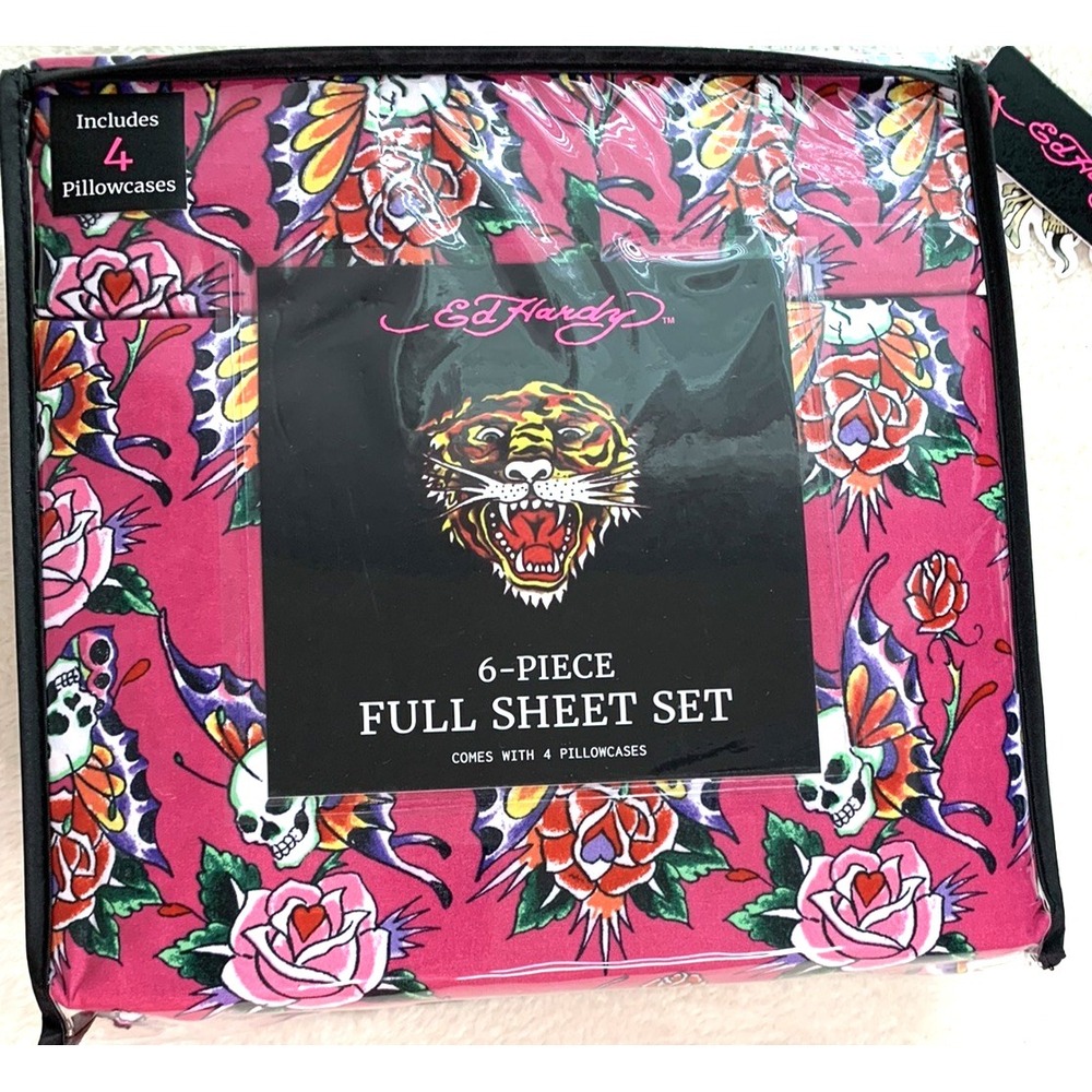 Ed Hardy Full Sheet Set Pink Skull Roses Butterfly 6 Pc 4 Pillowcases